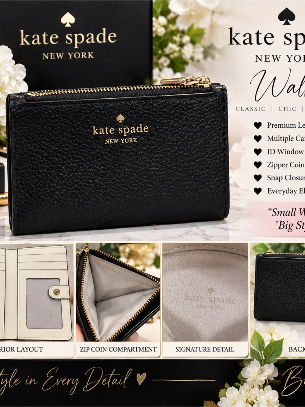 kate spade Black Leather Compact Wallet - kate spade NEW YORK